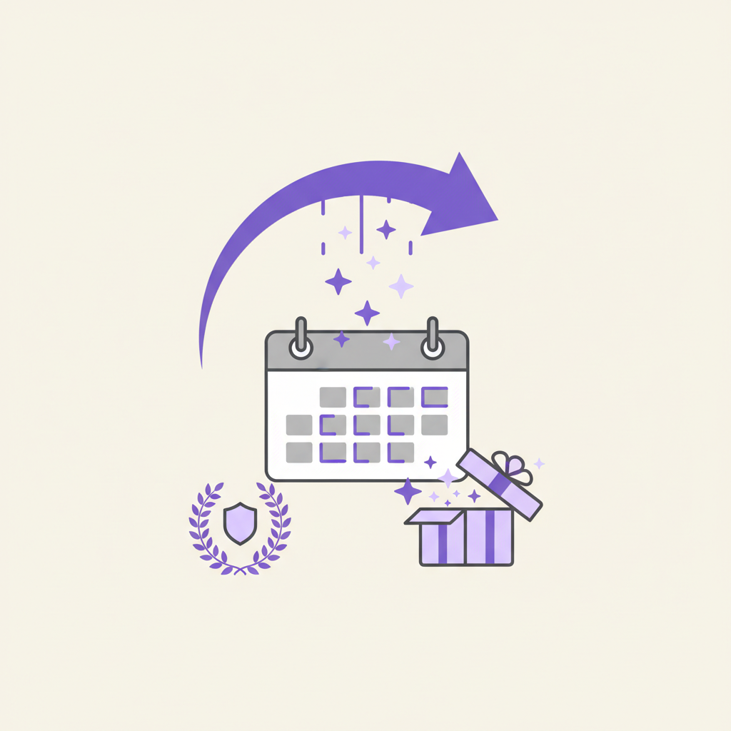 An illustration of a yearly calendar with a gift box icon on it, symbolizing a bonus for an annual commitment.