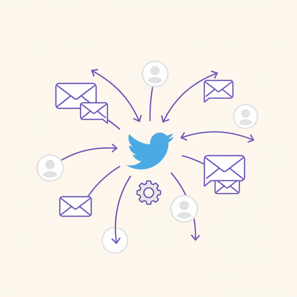 An illustration of a robot sending messages from a Twitter/X profile to many other users.