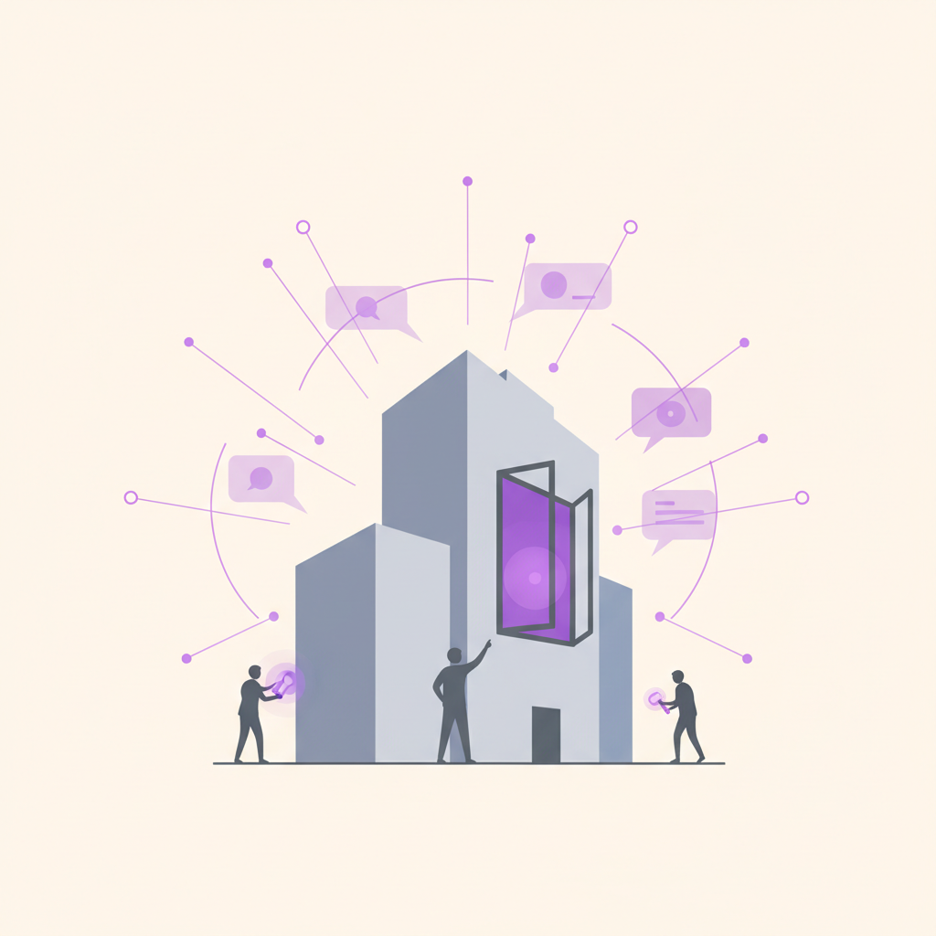 An illustration of a founder constructing a product piece by piece, while a crowd of people watch and offer feedback.