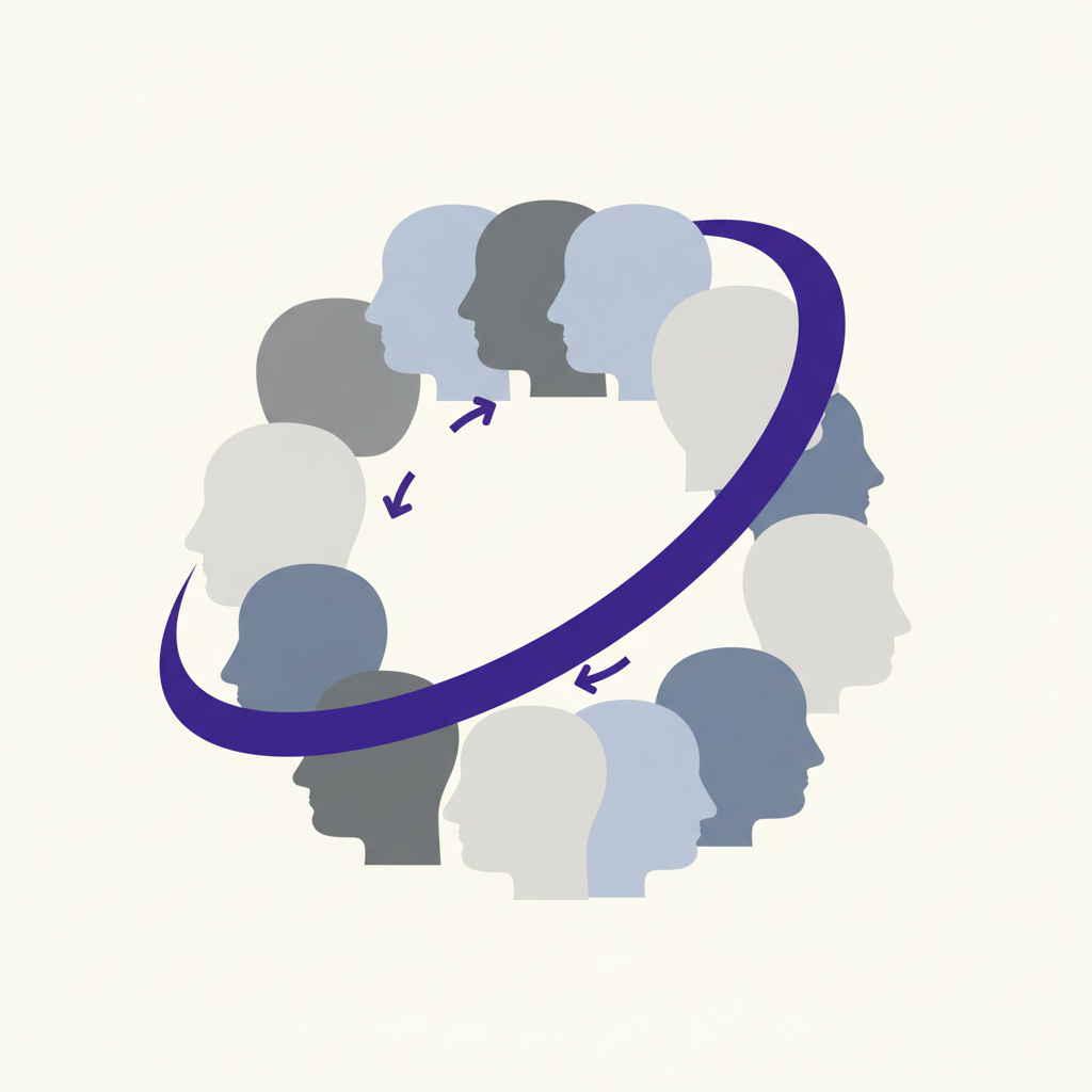 Illustration of a founder talking to a group of people inside a giant Facebook logo.