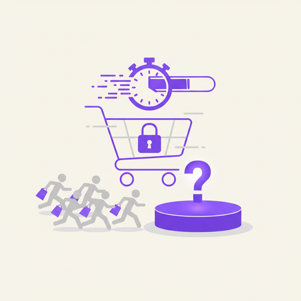 An illustration showing a large countdown timer ticking down, with people hurrying towards a product on a pedestal.