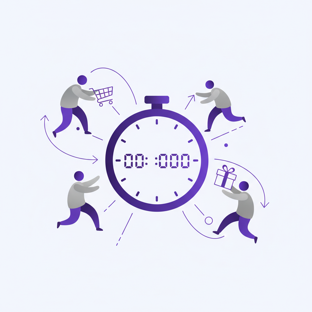 Illustration of a ticking countdown timer on a sales page, creating a sense of urgency for a customer.