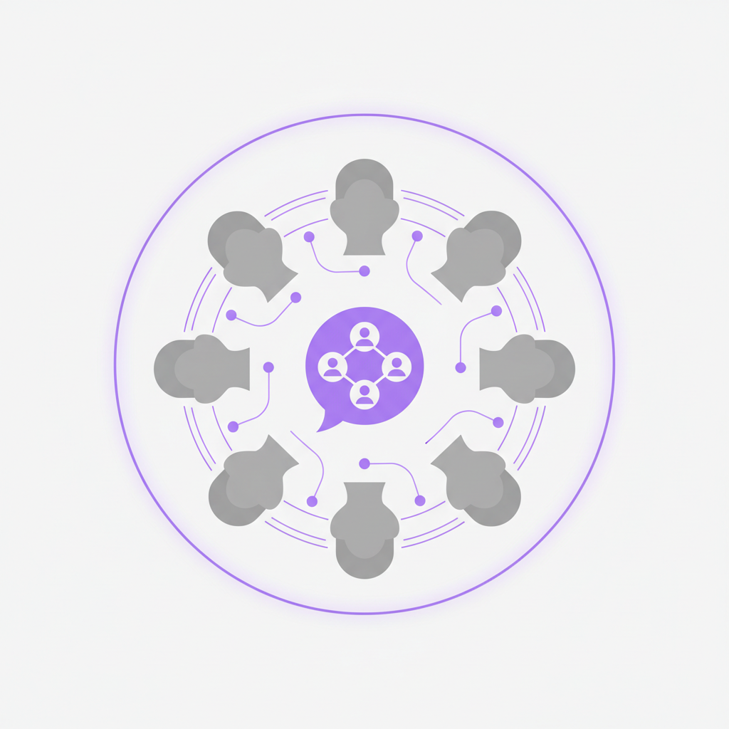 Illustration of users connecting and helping each other in a branded online forum.