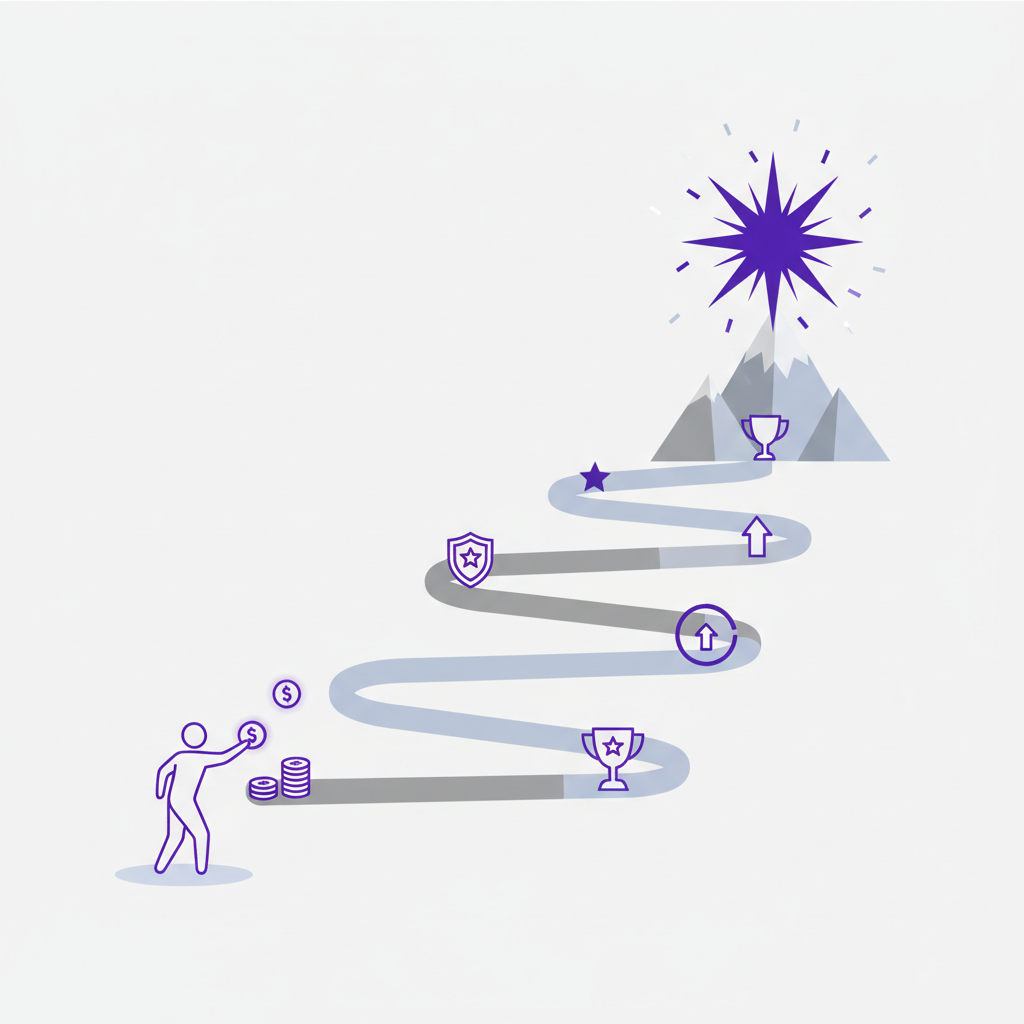 An illustration showing a user interface with game-like elements like badges, points, and a progress bar.