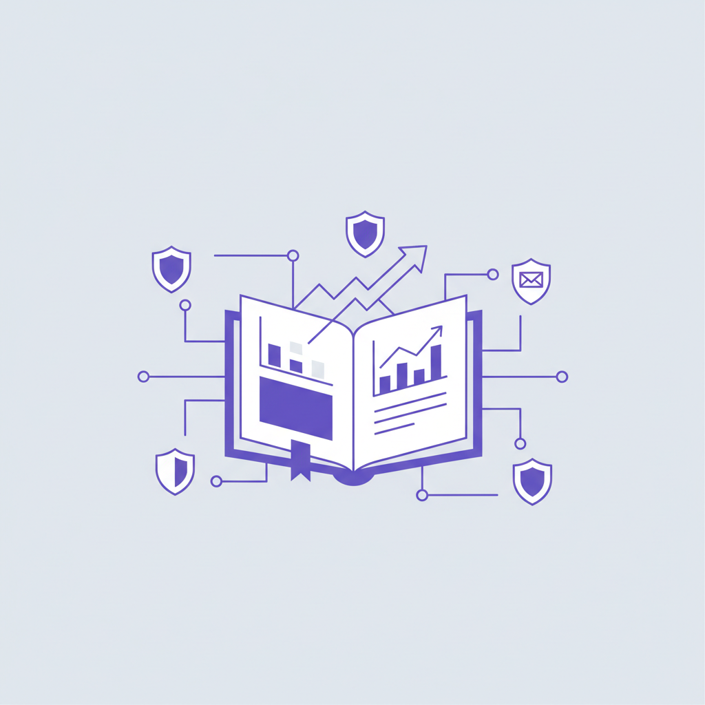 An illustration showing a person standing on a giant book, looking out over a landscape of data visualizations and charts.