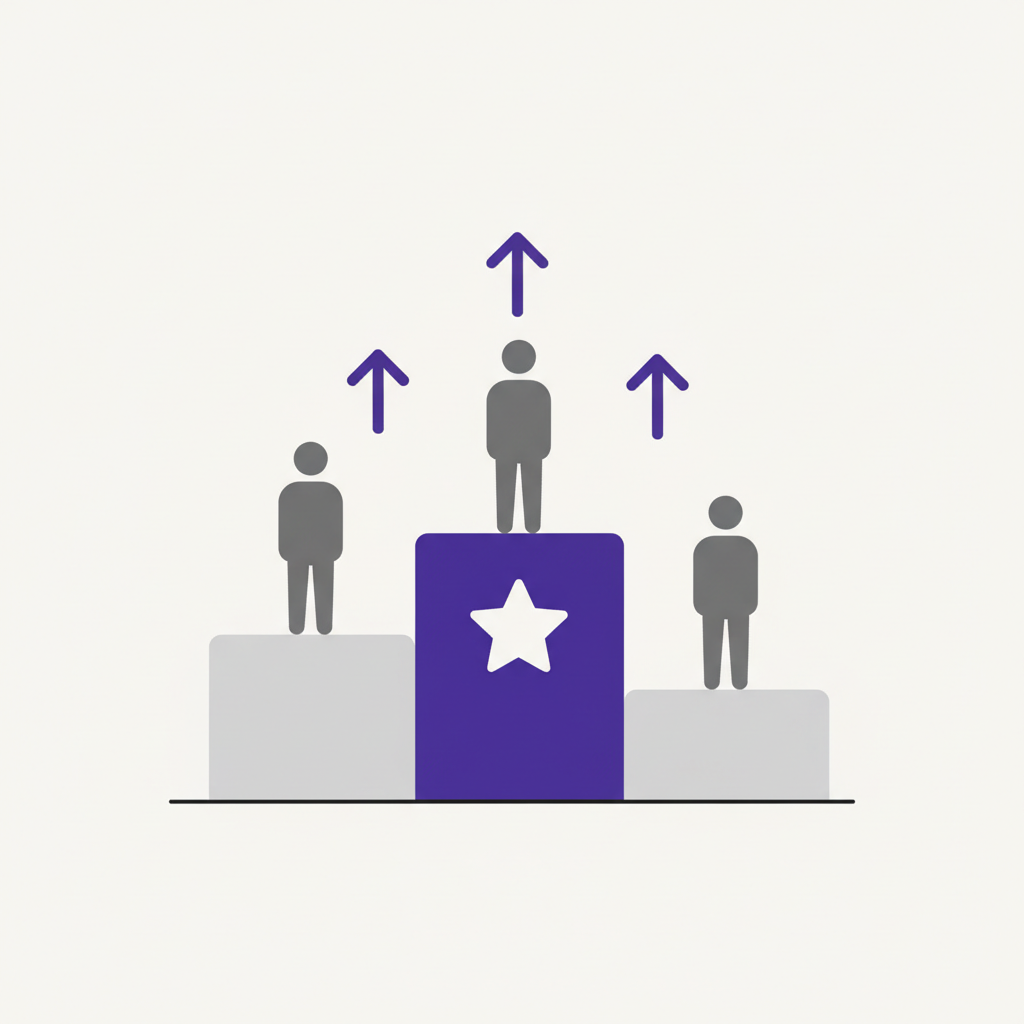 An illustration of three user avatars on a winner's podium, with the first-place user holding a trophy.
