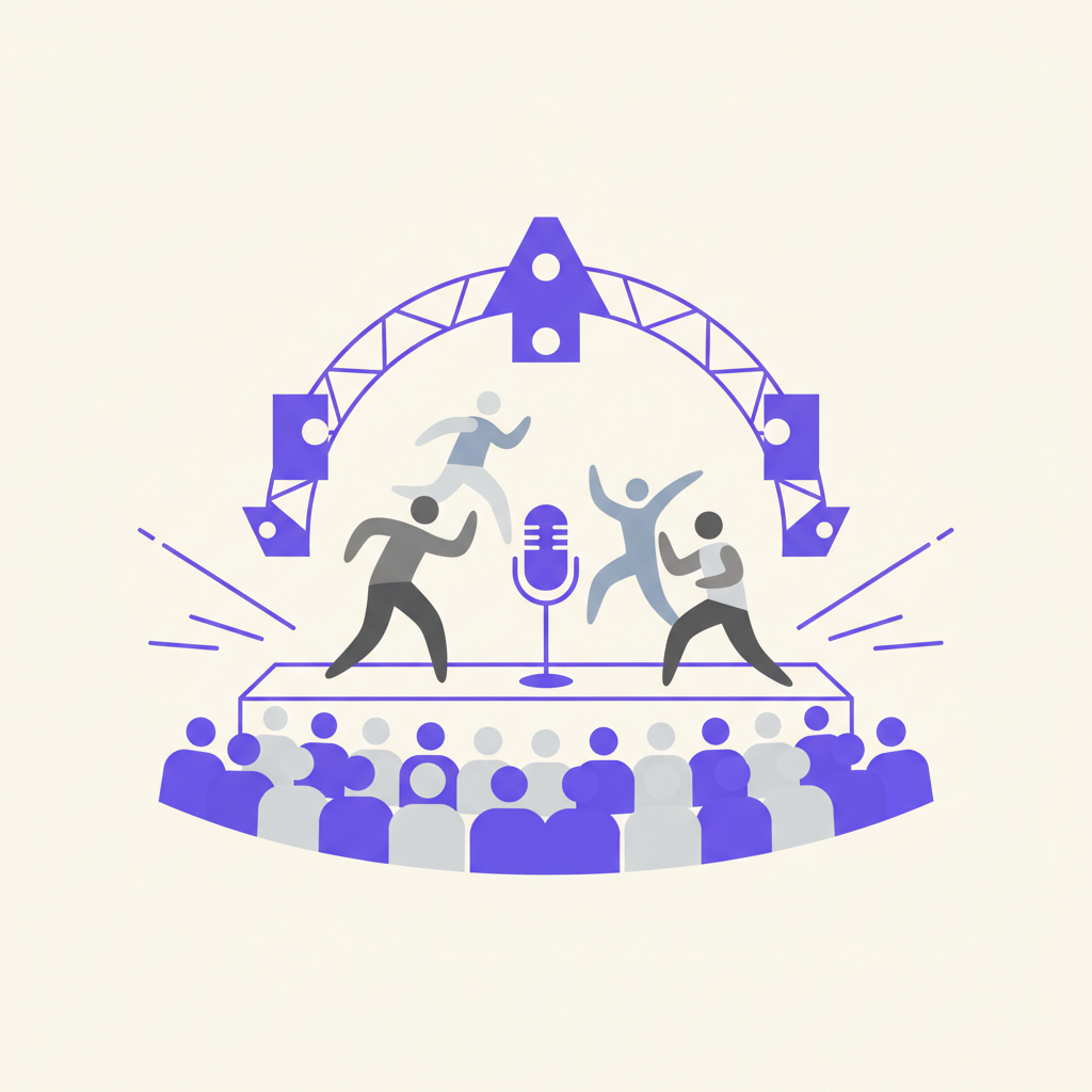 An illustration of a person on a laptop screen, presenting to a grid of other people watching and waving.