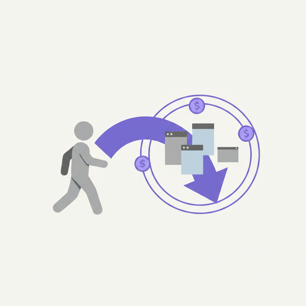 Illustration of a user walking out a door, but a hand reaches out offering a price tag with a discount, tempting the user to stay.