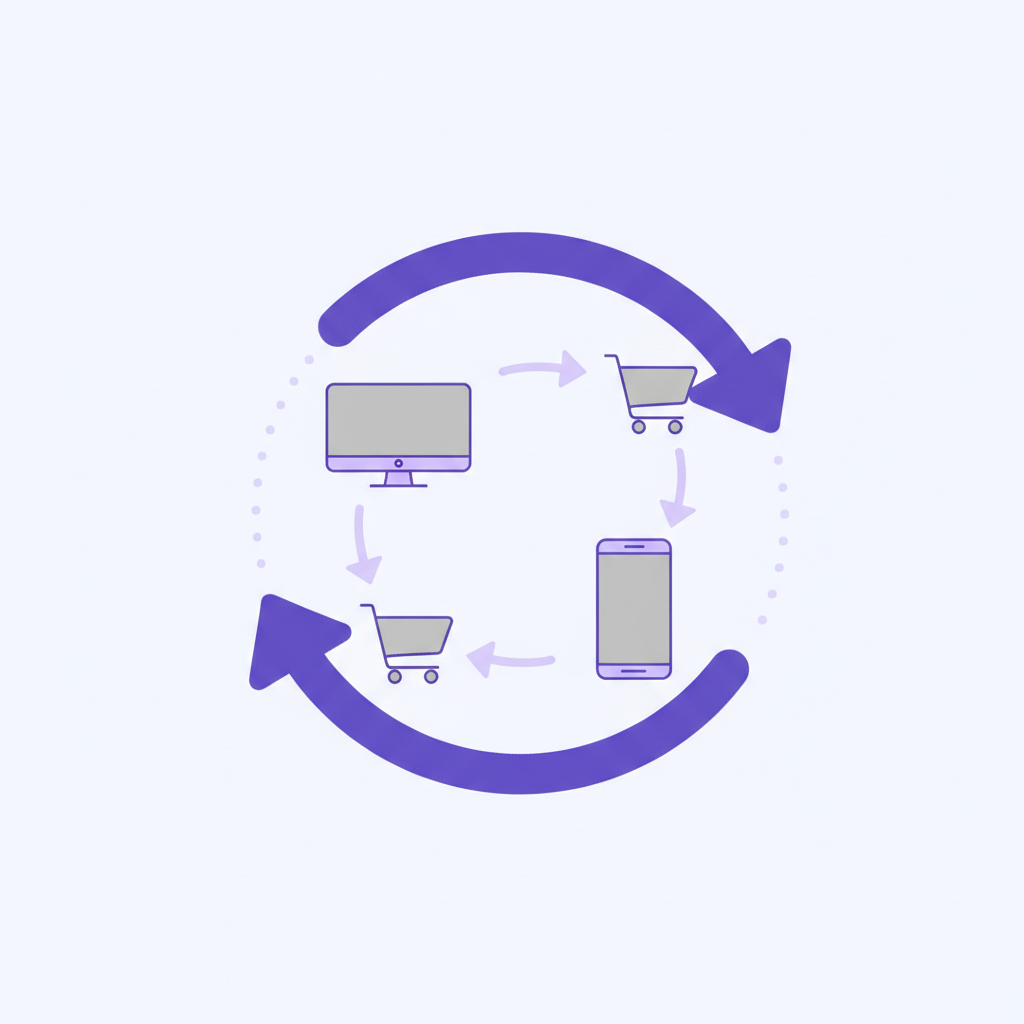 An illustration showing a user browsing a website, leaving, and then seeing an ad for that same website on a different platform.