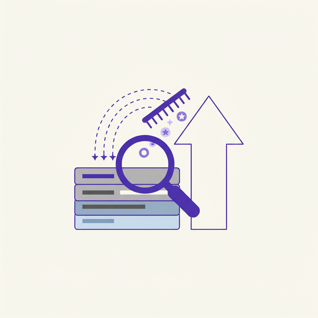 An illustration of a person using a magnifying glass to inspect user review cards floating out of a laptop.