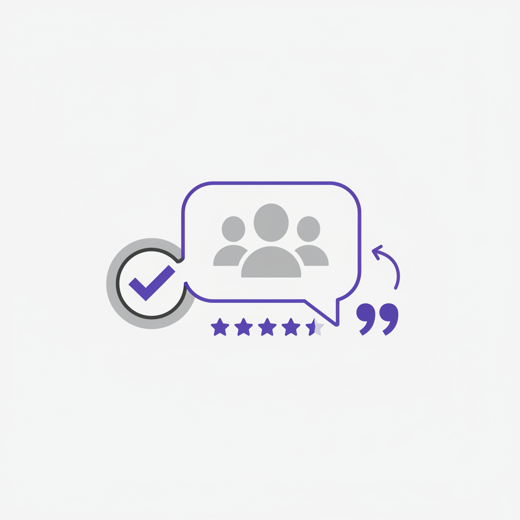 An illustration showing a person pointing to a giant five-star review on a screen, with smaller testimonials floating around it.