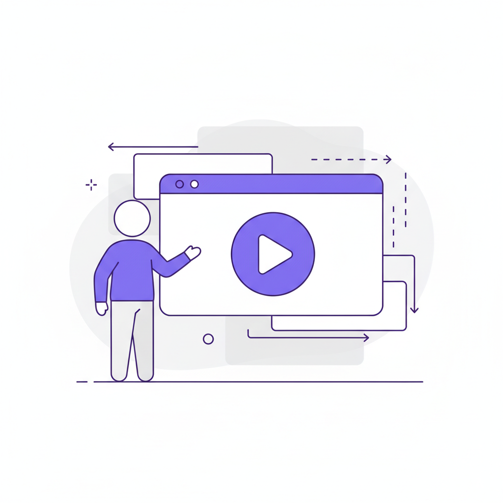 An illustrated character in a 'how-to' video, pointing to a user interface on a screen.